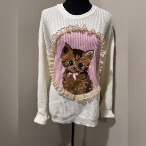 Sweet Society Cream Kitten Portrait Lace Trim Sweater Knit Top LG